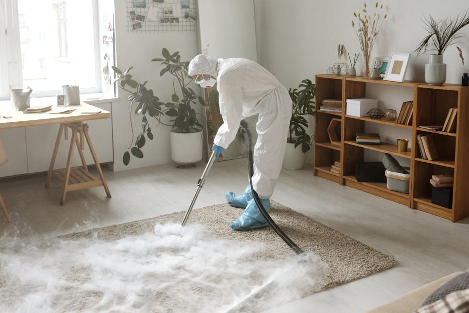 A professional cleaner dressed in white protective clothing and orange gloves is using a yellow and black carpet cleaning machine connected to a hose to deep clean a modern living room with large dark
